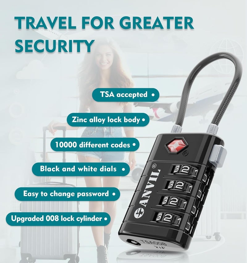 Anvil TSA Approved Luggage Locks, 4 Digit Combination Travel Suitcase Locks with TSA008 Core and Open Alert Indicator, Zinc Alloy Body. (2, Black) - Image 5
